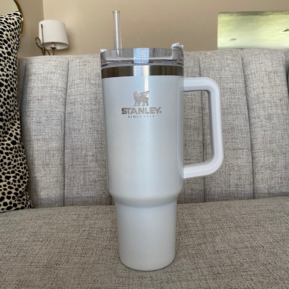 40 oz white Stanley Cup with straw